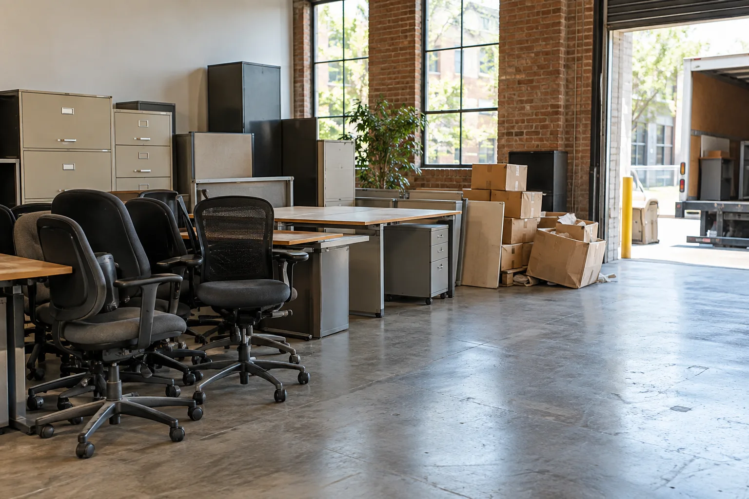 Office furniture and boxes during a commercial cleanout