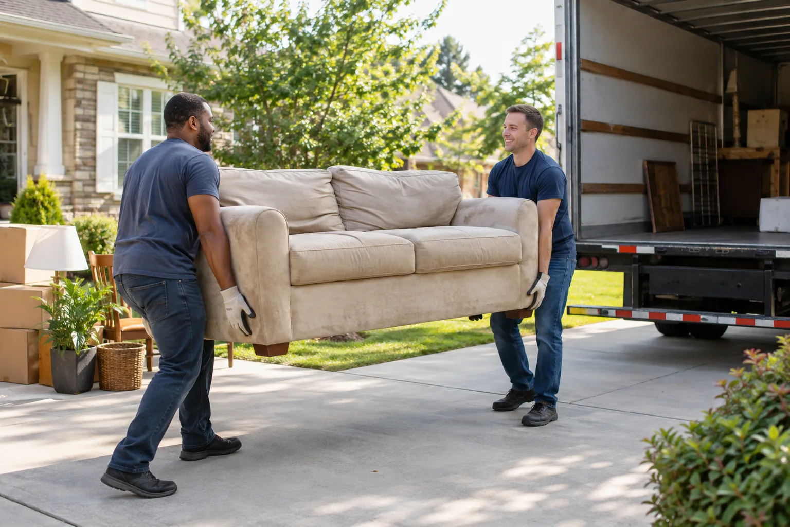 Removal workers carrying a sofa toward a hauling truck