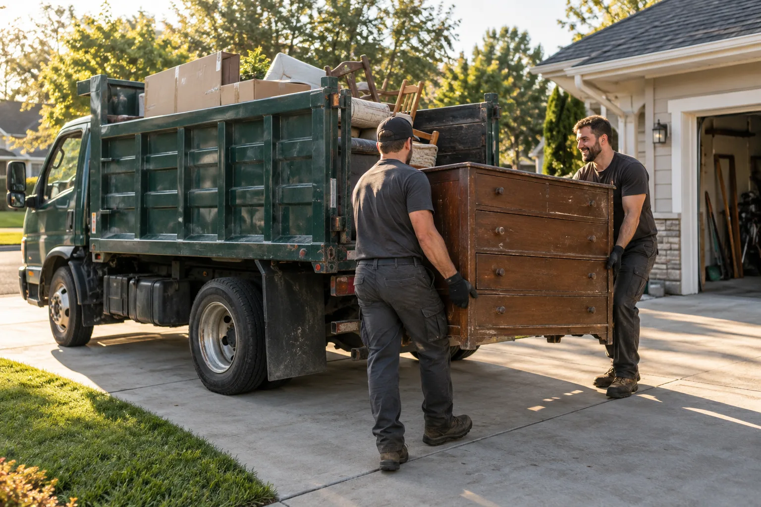Junk removal workers loading furniture into a hauling truck